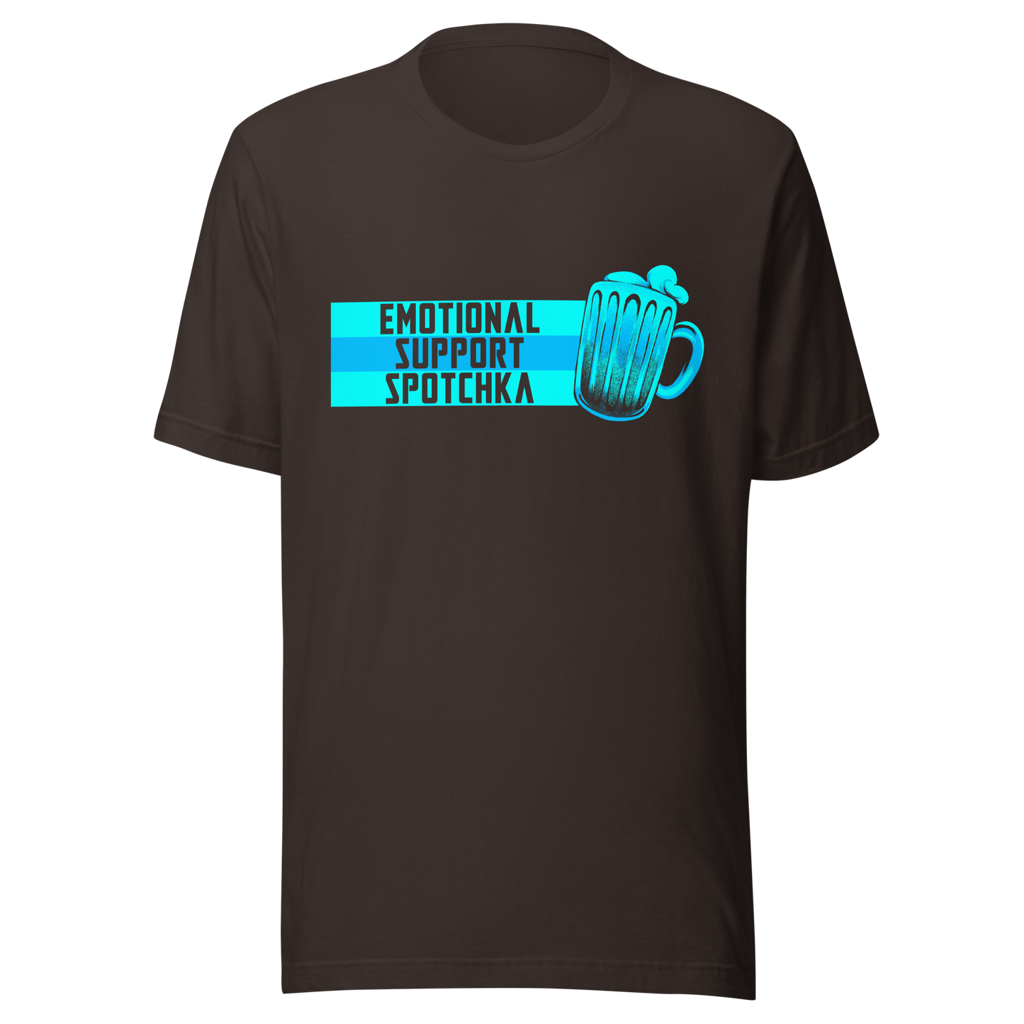 The design features a stylized mug filled with a frothy beverage, colored in vibrant shades of blue. Next to the mug, bold text reads 'EMOTIONAL SUPPORT SPOTCHKA'. The use of color and font style gives it a playful, pop-culture vibe, hinting at something fantastical or sci-fi influenced.