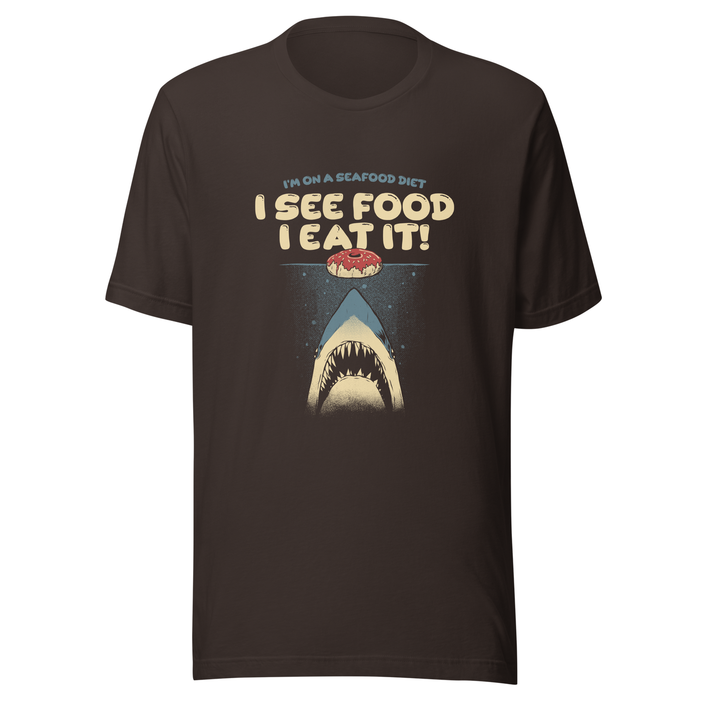 A shark rising from the water toward a floating donut, paired with playful retro typography. The artwork uses visual humor and a classic joke to create a fun, eye-catching composition with strong graphic contrast. Perfect for humor lovers, food fans, and anyone who enjoys witty designs with a slightly cheeky twist.