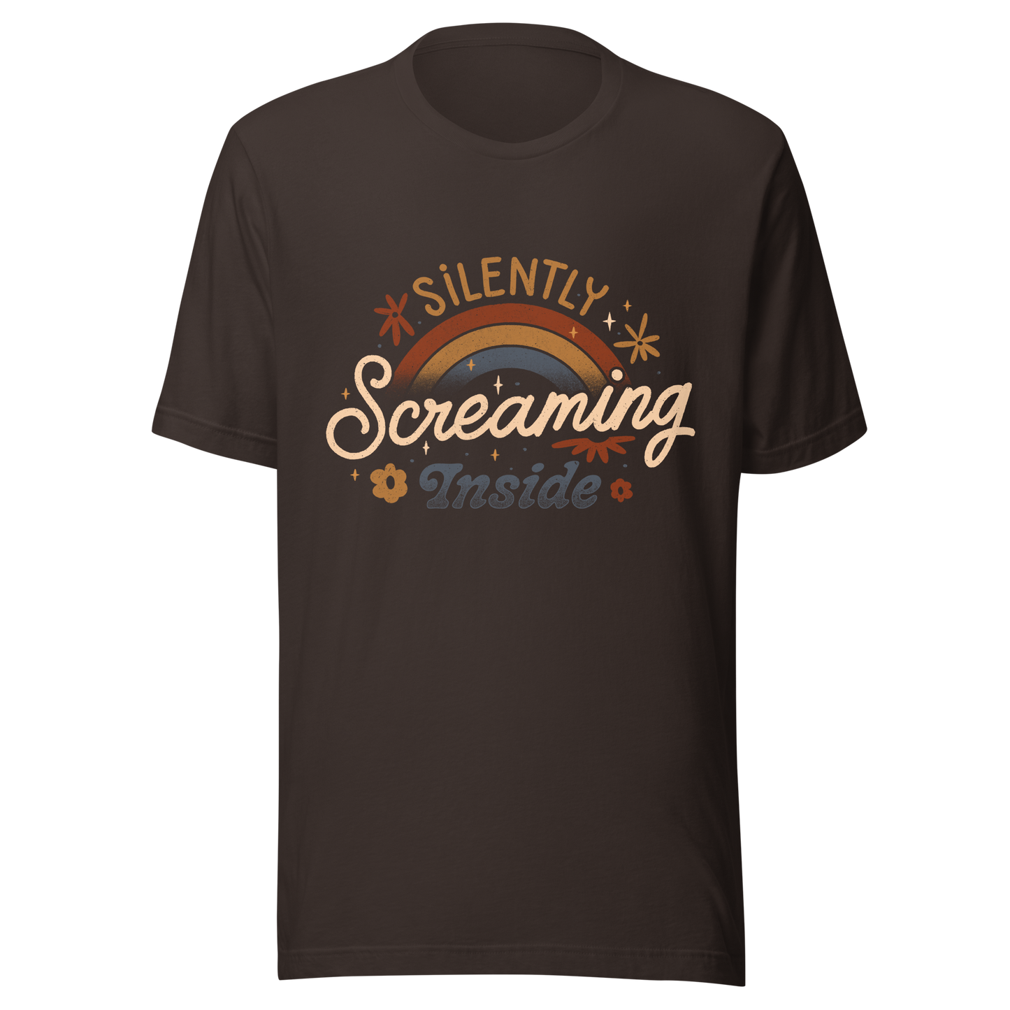 A fun and cute lettering design with a rainbow in the background and the phrase ‘Silently Screaming Inside’. The contrast between cheerful visuals and dark humour makes it perfect for those who cope with irony and sarcasm.