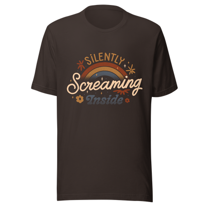 A fun and cute lettering design with a rainbow in the background and the phrase ‘Silently Screaming Inside’. The contrast between cheerful visuals and dark humour makes it perfect for those who cope with irony and sarcasm.