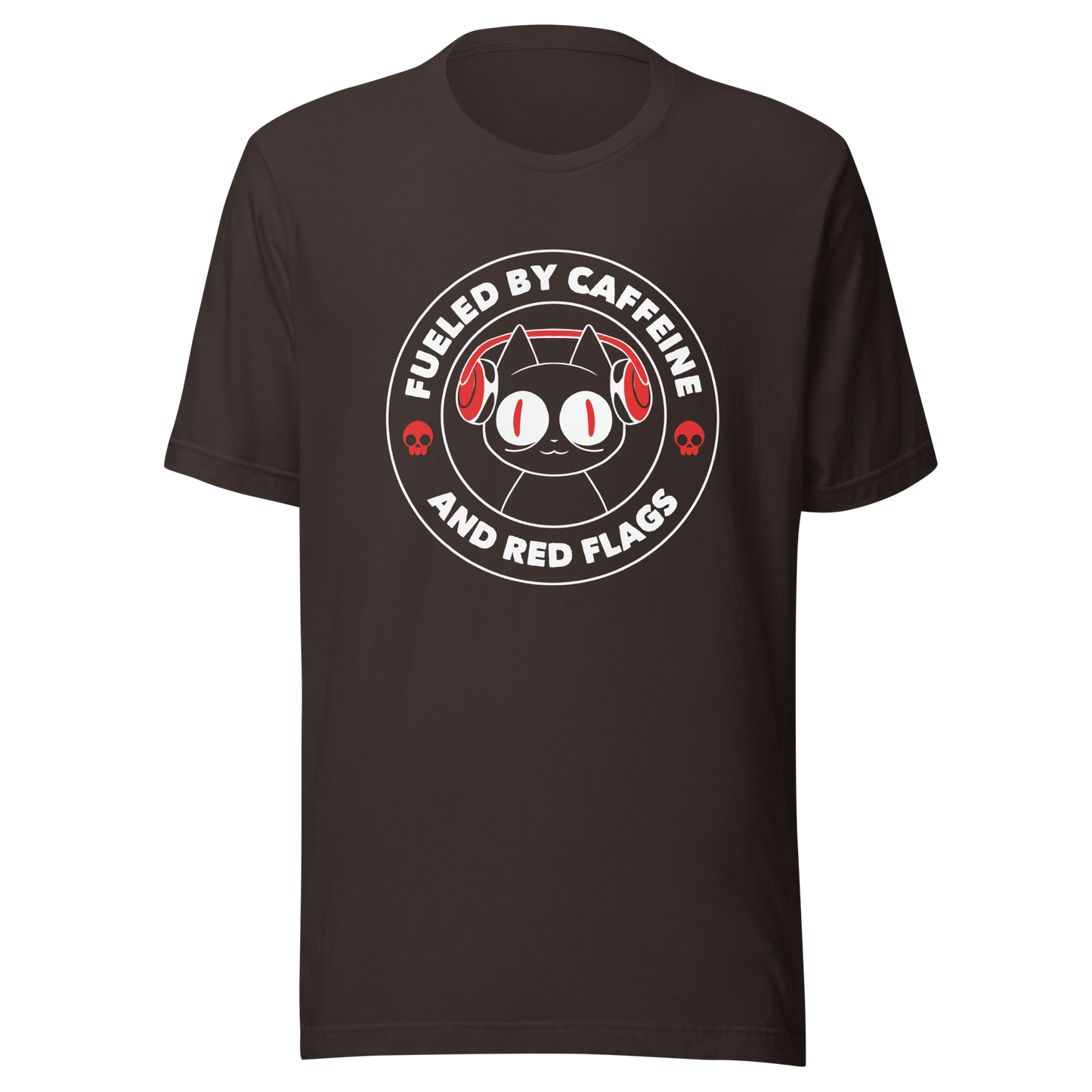 A stamp-style illustration of a black cat wearing headphones, featuring the phrase “Fueled by Caffeine and Red Flags”. A humorous and ironic design perfect for coffee lovers, chaotic souls, and anyone who embraces their red flags with style.