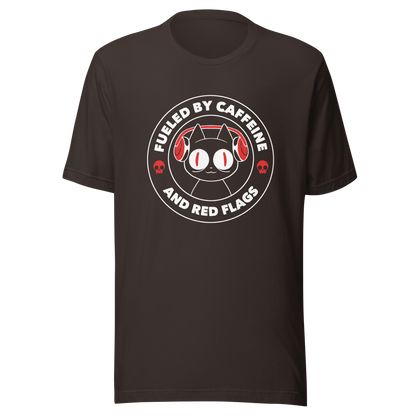 A stamp-style illustration of a black cat wearing headphones, featuring the phrase “Fueled by Caffeine and Red Flags”. A humorous and ironic design perfect for coffee lovers, chaotic souls, and anyone who embraces their red flags with style.
