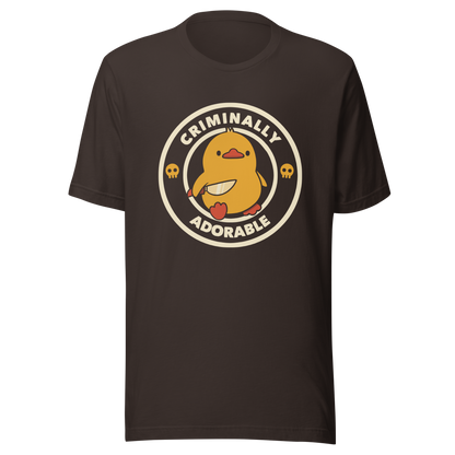 A cute yellow duck holding a small knife, around it the text "Criminally Adorable". An art that mixes humor with the temperament of ducks.