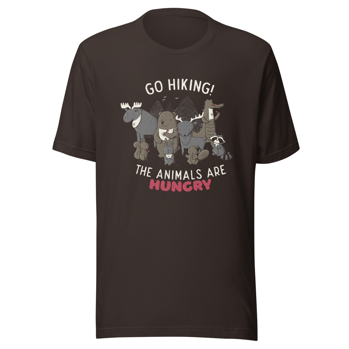 A playful nighttime illustration of cute animals gathered around a meal, holding utensils and napkins, ready to eat. Paired with the humorous phrase “Go Hiking! The Animals Are Hungry”, this whimsical design is perfect for animal lovers, fans of ironic humour, and anyone who enjoys fun art with a cheeky twist.