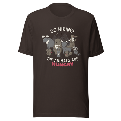 A playful nighttime illustration of cute animals gathered around a meal, holding utensils and napkins, ready to eat. Paired with the humorous phrase “Go Hiking! The Animals Are Hungry”, this whimsical design is perfect for animal lovers, fans of ironic humour, and anyone who enjoys fun art with a cheeky twist.