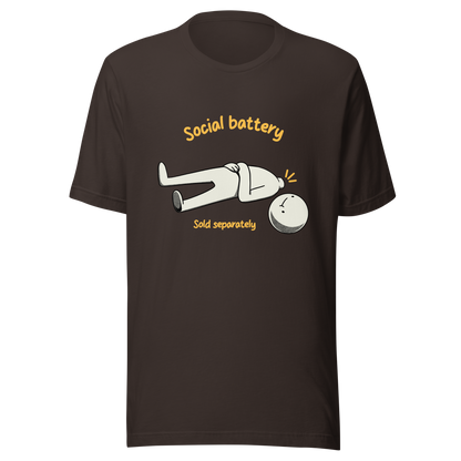 A cute character lying on the ground with their head separated from their body, paired with the phrase “Social Battery Sold Separately”. This humorous design captures the feeling of having no energy left for social interaction. Perfect for introverts and anyone who needs time alone to recharge, it’s a relatable and playful reminder that not everyone comes with a full social battery.