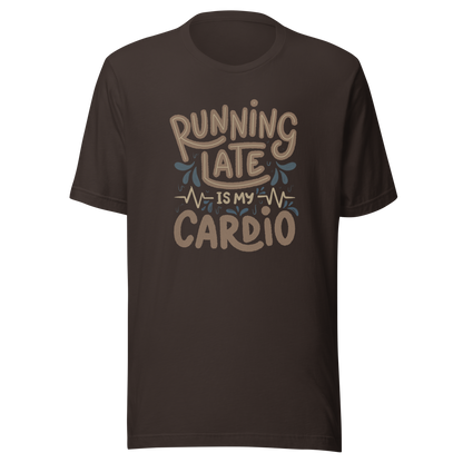 A playful hand-lettered typography design featuring the phrase “Running Late Is My Cardio,” with heartbeat lines and dynamic accents on the background. The artwork jokes that being late is the only form of exercise, poking fun at rushed mornings and chaotic routines with lighthearted humor. Ideal for chronically late people and anyone who loves good humor.