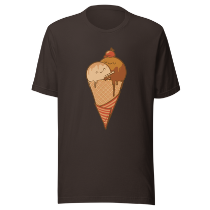 A cute illustration of an ice cream cone and two scoops hugging to form a heart, celebrating love, sweetness, and playful vibes. Perfect for dessert lovers and fans of adorable art.