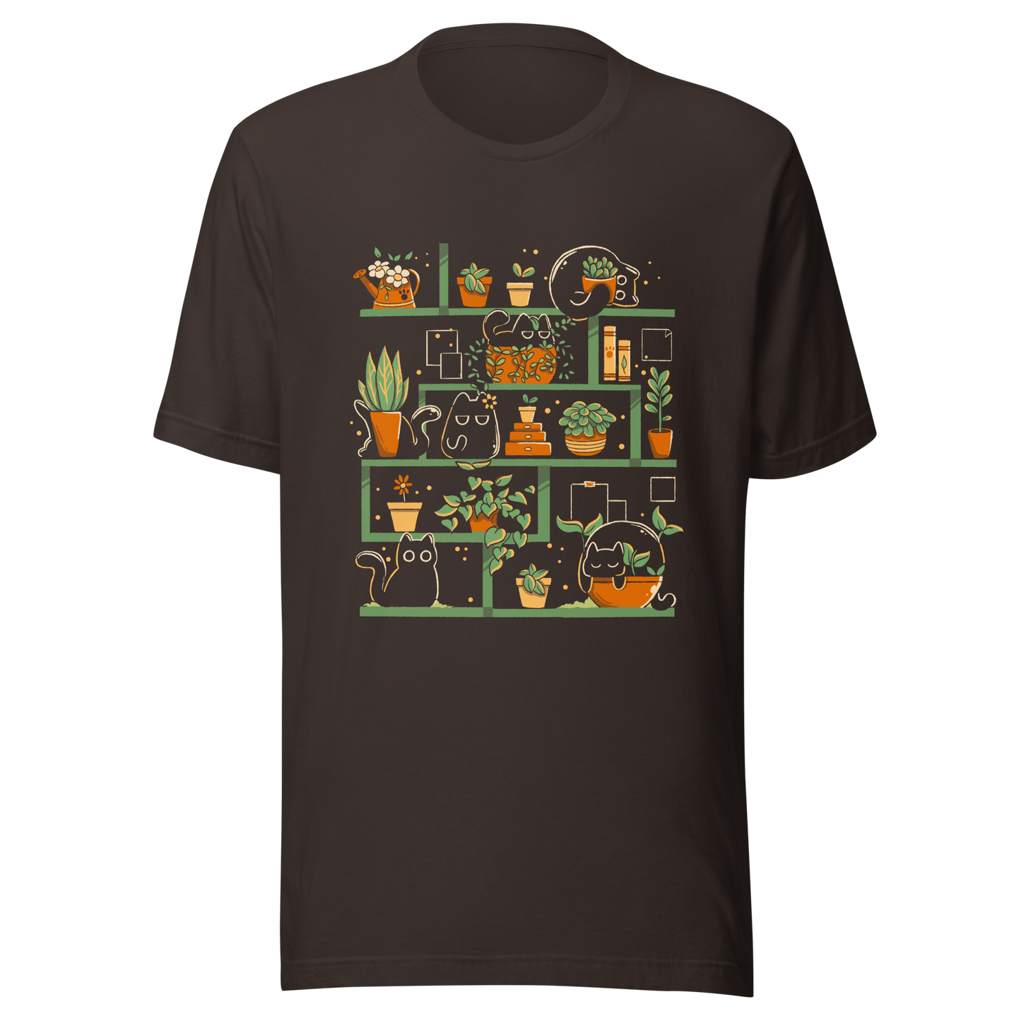 A minimalist illustration of a charming bookcase filled with lush potted plants and adorable kittens nestled among them. A cute and funny design, perfect for cat lovers, plant enthusiasts, and cosy decor fans.