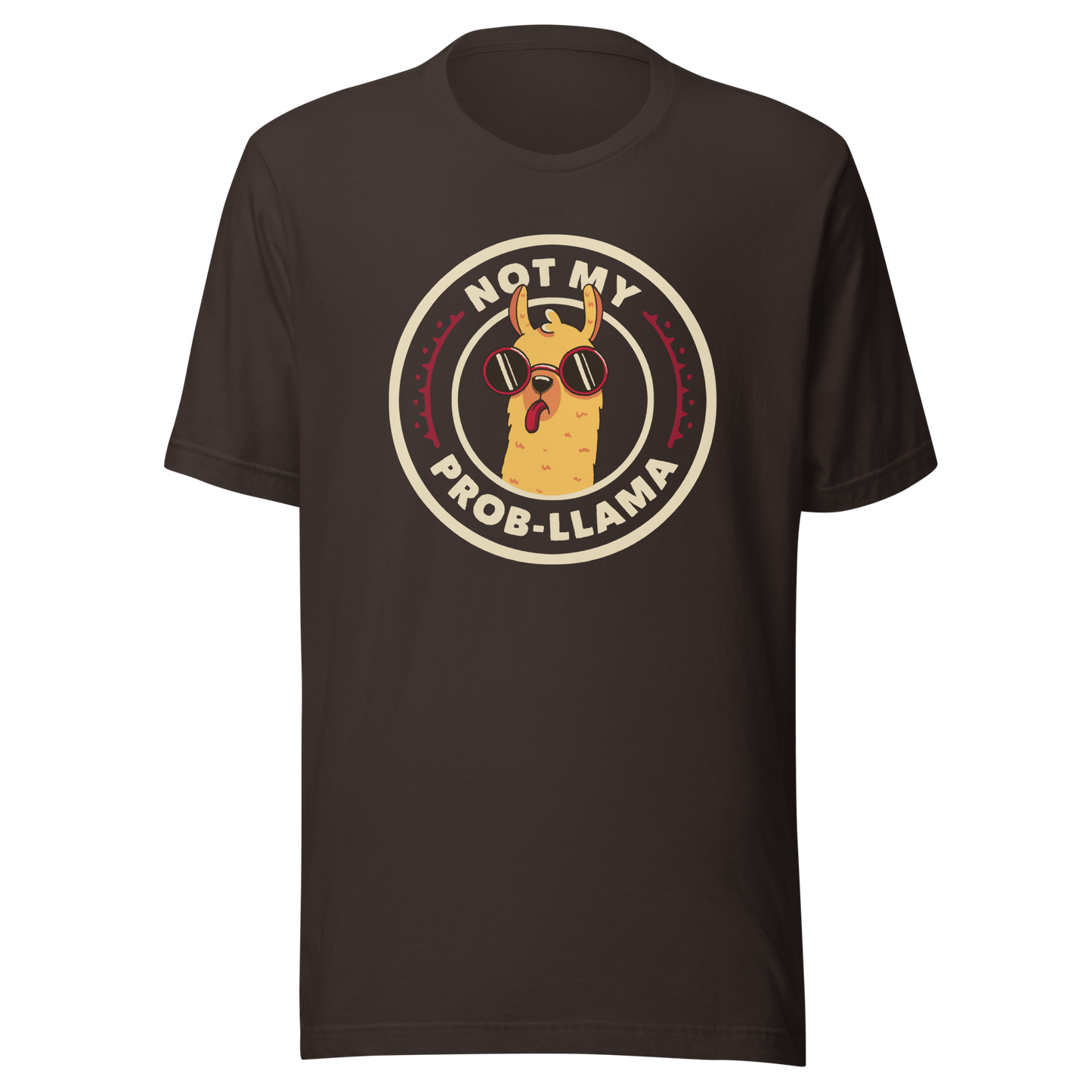 A delightful stamp-style illustration featuring a playful llama wearing sunglasses and sticking out its tongue. Framing the image is the witty phrase “Not My Prob-Llama,” adding a humorous twist to the llama’s carefree attitude. Fun, lighthearted, and full of personality, this artwork is perfect for anyone who loves llamas and enjoys a touch of sarcastic humor.