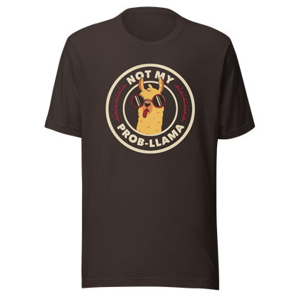 A delightful stamp-style illustration featuring a playful llama wearing sunglasses and sticking out its tongue. Framing the image is the witty phrase “Not My Prob-Llama,” adding a humorous twist to the llama’s carefree attitude. Fun, lighthearted, and full of personality, this artwork is perfect for anyone who loves llamas and enjoys a touch of sarcastic humor.