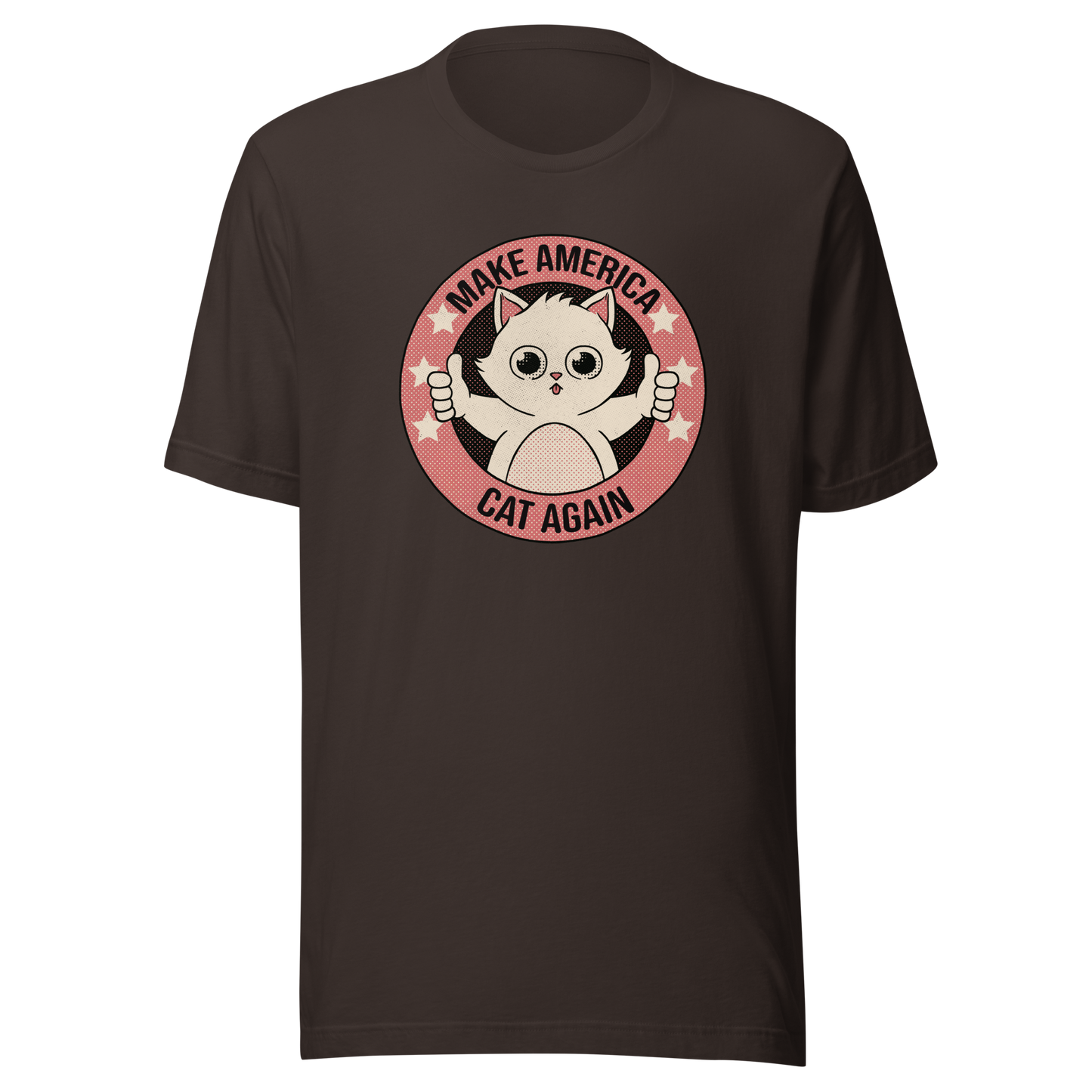 A stamp-style illustration of a cute kitten giving a two-finger thumbs-up, paired with the humorous phrase “Make America Cat Again”. A fun, ironic design for cat lovers and fans of playful pop culture art.
