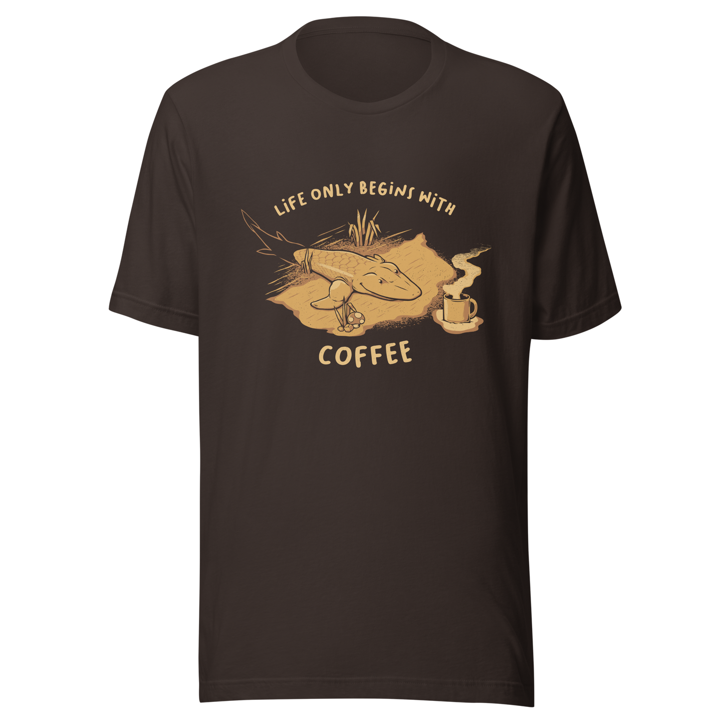 This funny illustration shows a tadpole evolving into a terrestrial creature while reaching for a cup of coffee. Paired with the phrase ‘Life Begins After Coffee Evolution’, the artwork humorously compares human evolution to our daily need for coffee.