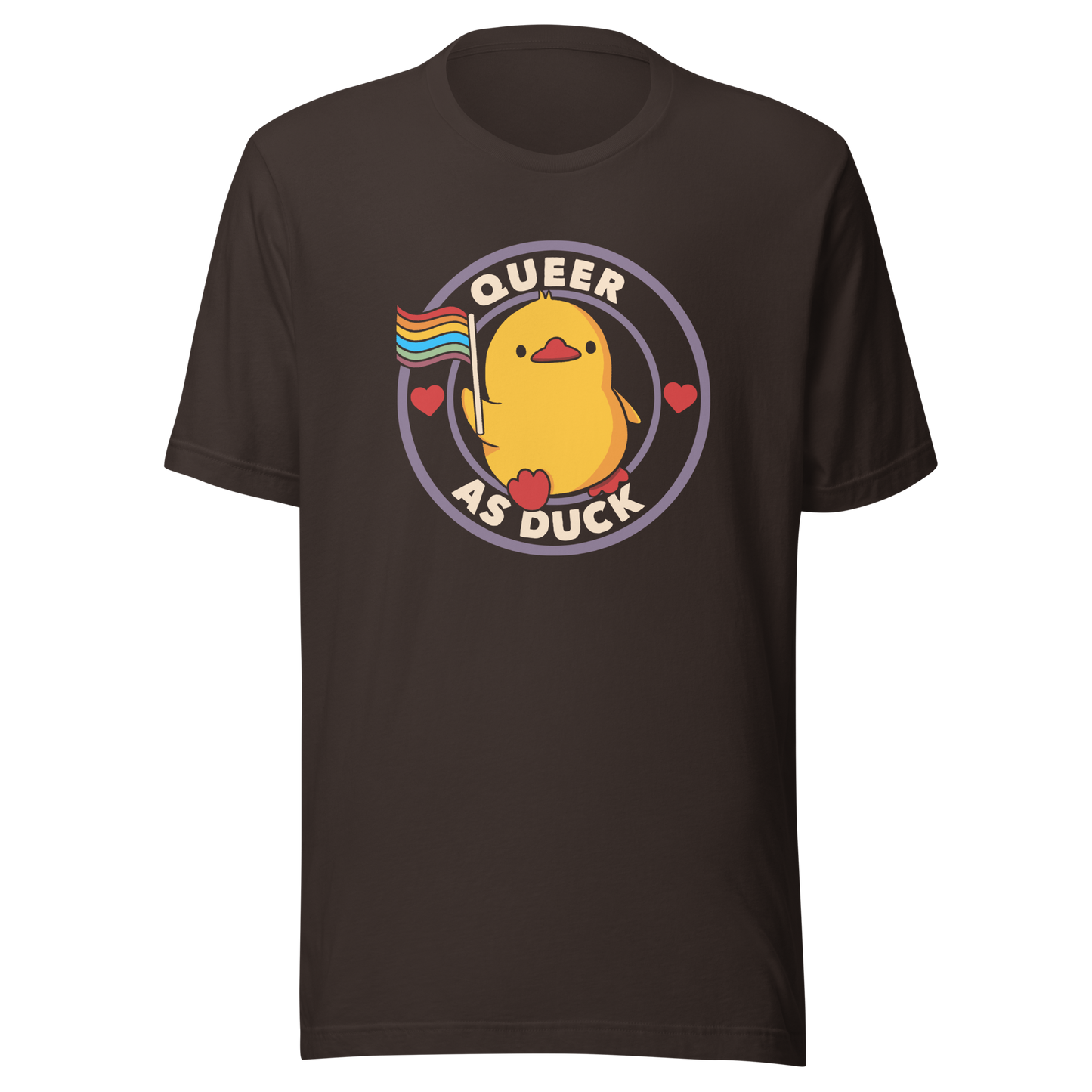 A stamp featuring an adorable duckling holding the LGBTQ flag, surrounded by the text "Queer as Duck". This charming artwork serves as a perfect way to display your support for LGBTQ rights.