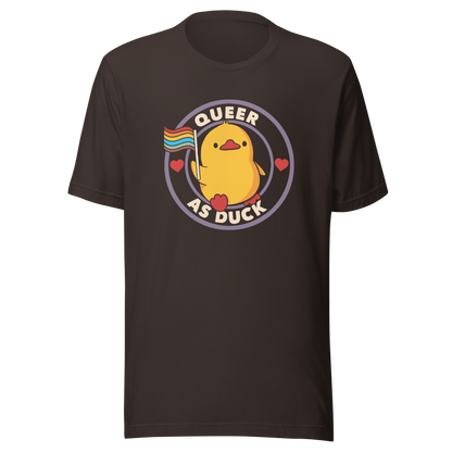 A stamp featuring an adorable duckling holding the LGBTQ flag, surrounded by the text "Queer as Duck". This charming artwork serves as a perfect way to display your support for LGBTQ rights.