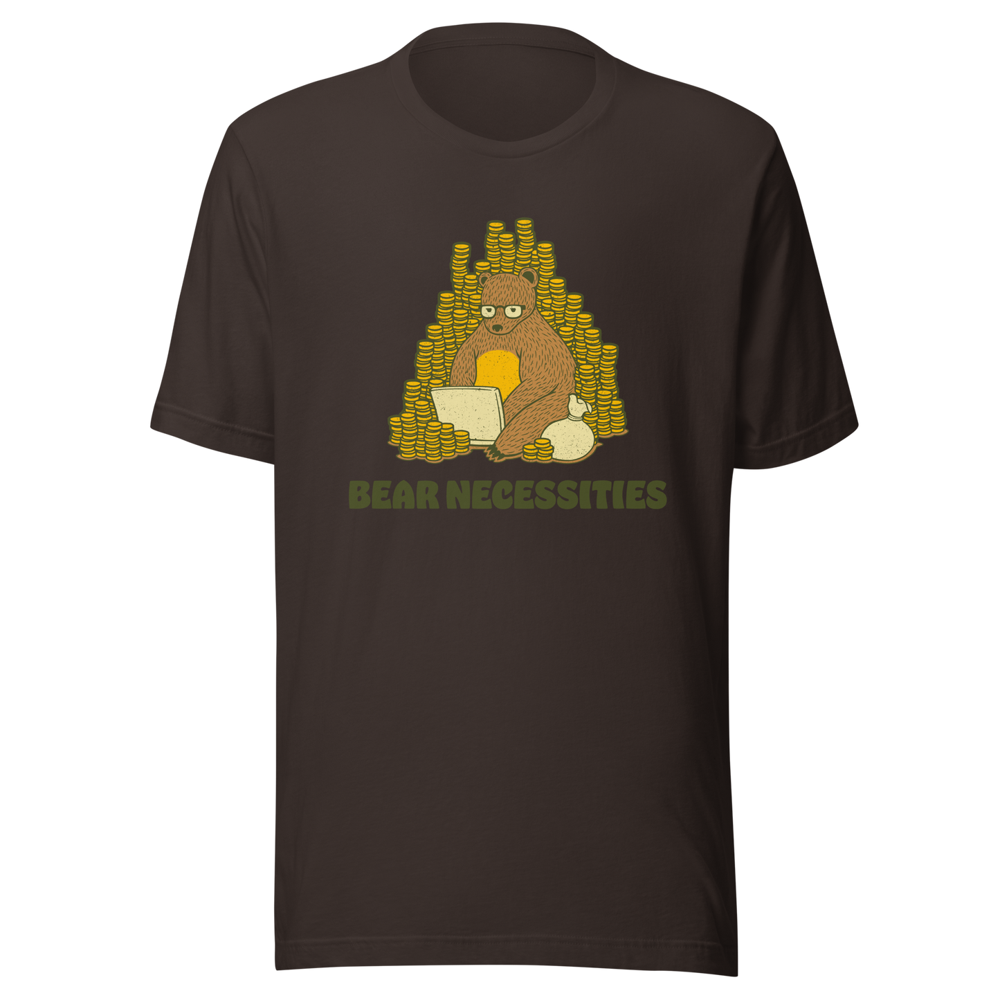 A brown bear wearing glasses works on his laptop, surrounded by stacks of coins. The phrase ‘Bear Necessities’ adds a clever, humorous twist. A minimalist and playful design, perfect for entrepreneurs, freelancers, office lovers and fans of witty animal art.