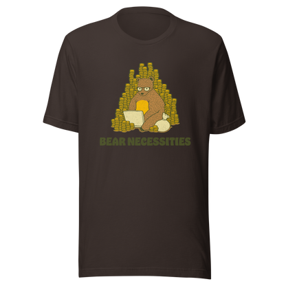 A brown bear wearing glasses works on his laptop, surrounded by stacks of coins. The phrase ‘Bear Necessities’ adds a clever, humorous twist. A minimalist and playful design, perfect for entrepreneurs, freelancers, office lovers and fans of witty animal art.