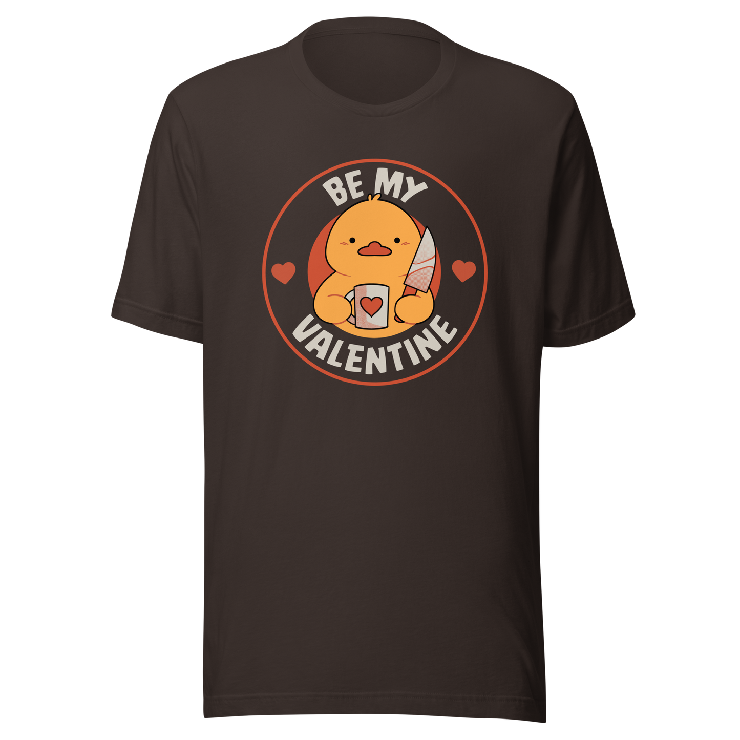 A cute duckling holding a heart-shaped coffee mug and a small knife, paired with the phrase ‘Be My Valentine Funny Duck’. A playful mix of cuteness and dark humor, perfect for coffee lovers and fans of ironic, quirky art.