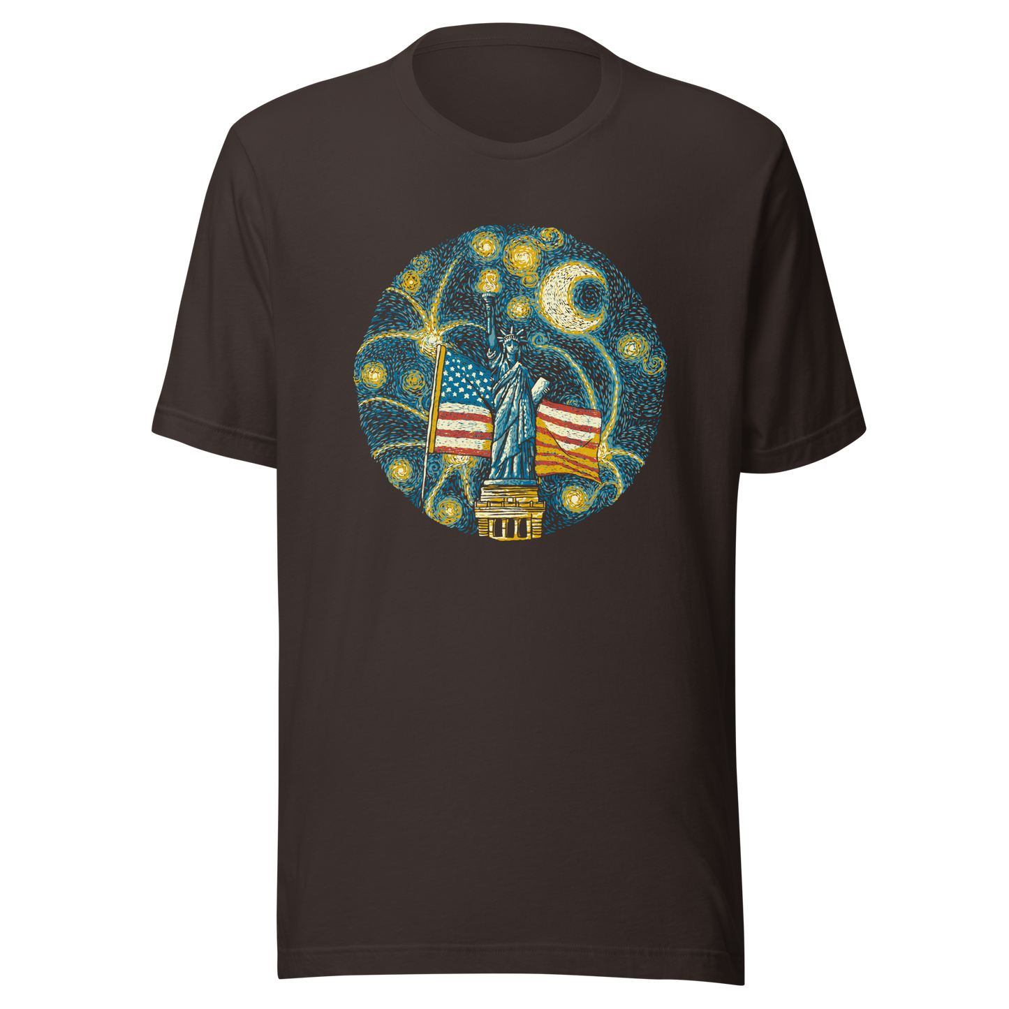 An Impressionist-style artwork inspired by Van Gogh, featuring the Statue of Liberty under a swirling starry sky with the United States flag in the background. A symbolic fusion of liberty, patriotism, night sky, and expressive oil painting style, inspired by Van Gogh aesthetics.
