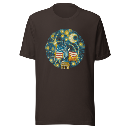 An Impressionist-style artwork inspired by Van Gogh, featuring the Statue of Liberty under a swirling starry sky with the United States flag in the background. A symbolic fusion of liberty, patriotism, night sky, and expressive oil painting style, inspired by Van Gogh aesthetics.