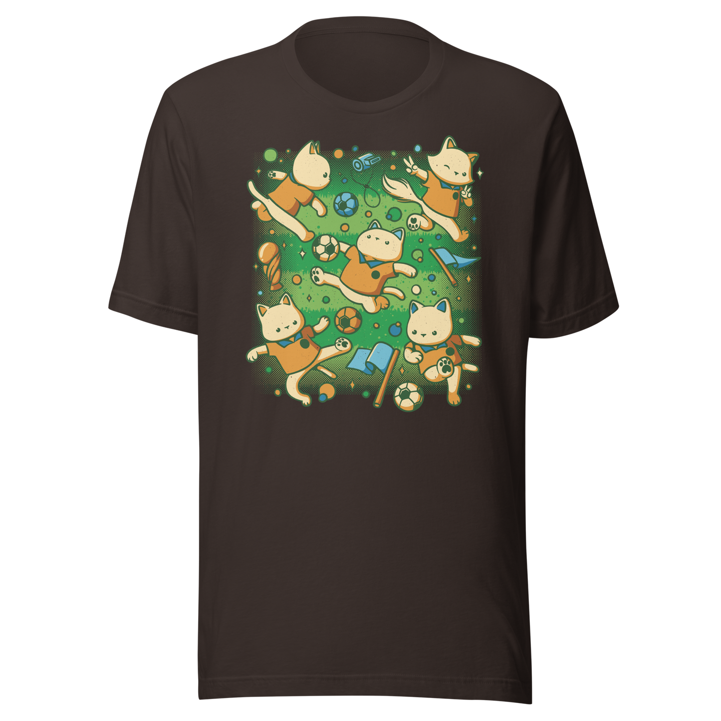 An artwork featuring several cats in soccer uniforms kicking a ball, surrounded by trophies, flags, and other football-inspired elements. A playful design perfect for cat lovers, soccer fans, and anyone who enjoys whimsical sports-themed art.