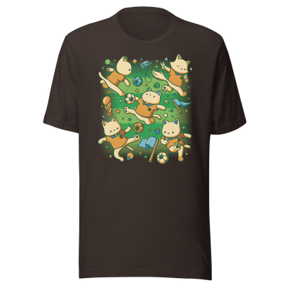 An artwork featuring several cats in soccer uniforms kicking a ball, surrounded by trophies, flags, and other football-inspired elements. A playful design perfect for cat lovers, soccer fans, and anyone who enjoys whimsical sports-themed art.