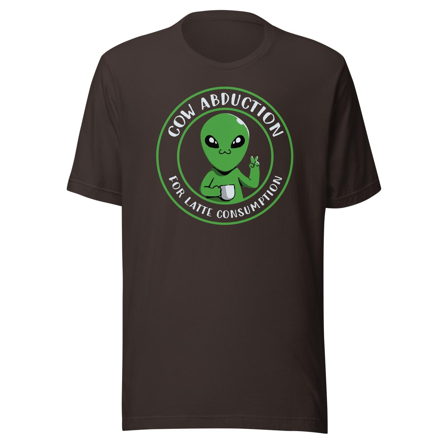 A cute alien holding a cup of coffee, paired with the phrase ‘Cow Abduction For Latte Consumption’. A playful and humorous design that mixes sci-fi vibes with coffee obsession. Perfect for coffee lovers, alien enthusiasts, and anyone who enjoys quirky, funny art with a cosmic twist.