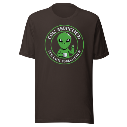 A cute alien holding a cup of coffee, paired with the phrase ‘Cow Abduction For Latte Consumption’. A playful and humorous design that mixes sci-fi vibes with coffee obsession. Perfect for coffee lovers, alien enthusiasts, and anyone who enjoys quirky, funny art with a cosmic twist.