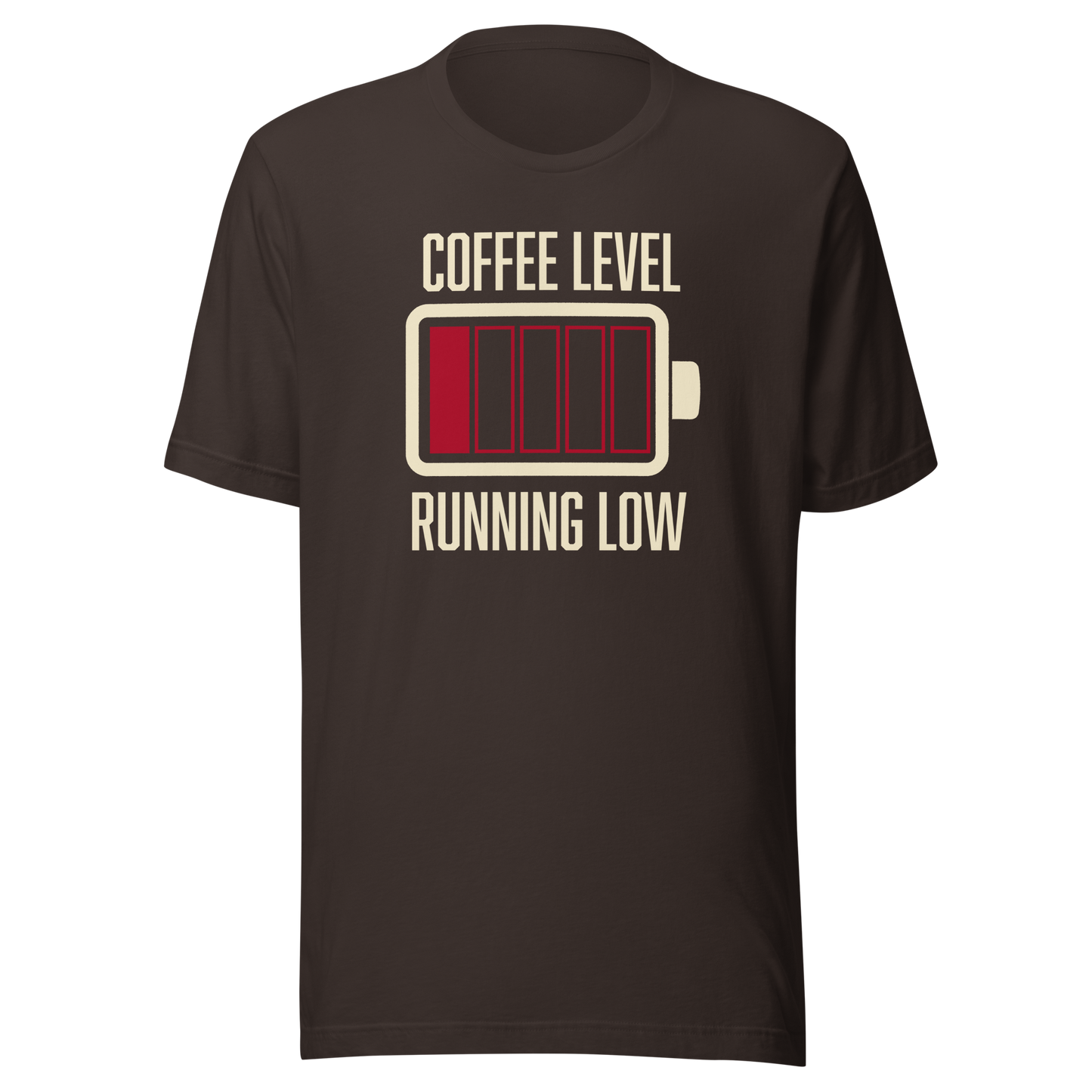 A minimalist artwork featuring a nearly empty battery indicator paired with the phrase ‘Coffee Level Running Low.’ A witty and relatable design for coffee lovers, caffeine addicts, office workers, students, and anyone who runs on coffee to get through the day.