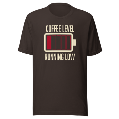 A minimalist artwork featuring a nearly empty battery indicator paired with the phrase ‘Coffee Level Running Low.’ A witty and relatable design for coffee lovers, caffeine addicts, office workers, students, and anyone who runs on coffee to get through the day.