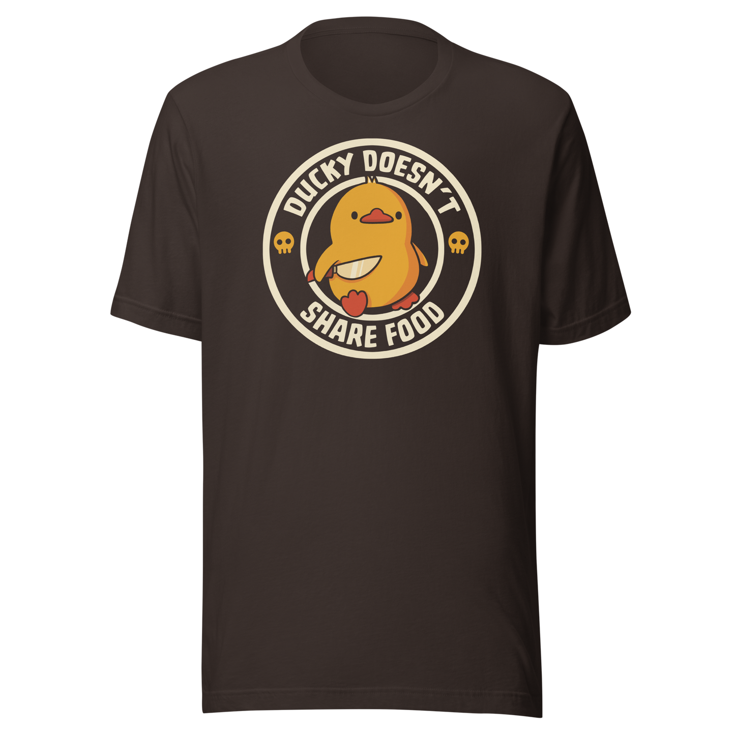 A cute yellow duck holding a small knife, paired with the phrase “Ducky Doesn’t Share Food”. A funny and sarcastic design that contrasts adorable looks with an aggressive, food-protective duck attitude.