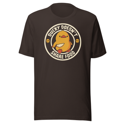 A cute yellow duck holding a small knife, paired with the phrase “Ducky Doesn’t Share Food”. A funny and sarcastic design that contrasts adorable looks with an aggressive, food-protective duck attitude.