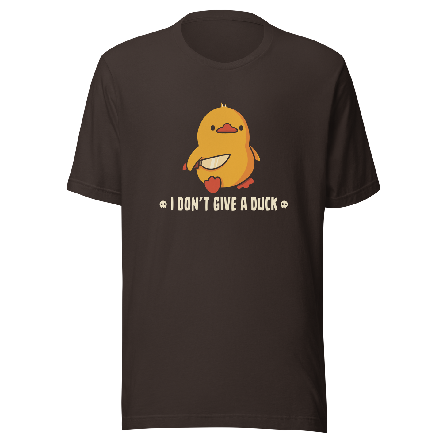 A cute yellow duck holding a small knife, around it the text "I Don't Give a Duck". An art that mixes humor with the temperament of ducks.