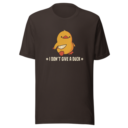 A cute yellow duck holding a small knife, around it the text "I Don't Give a Duck". An art that mixes humor with the temperament of ducks.