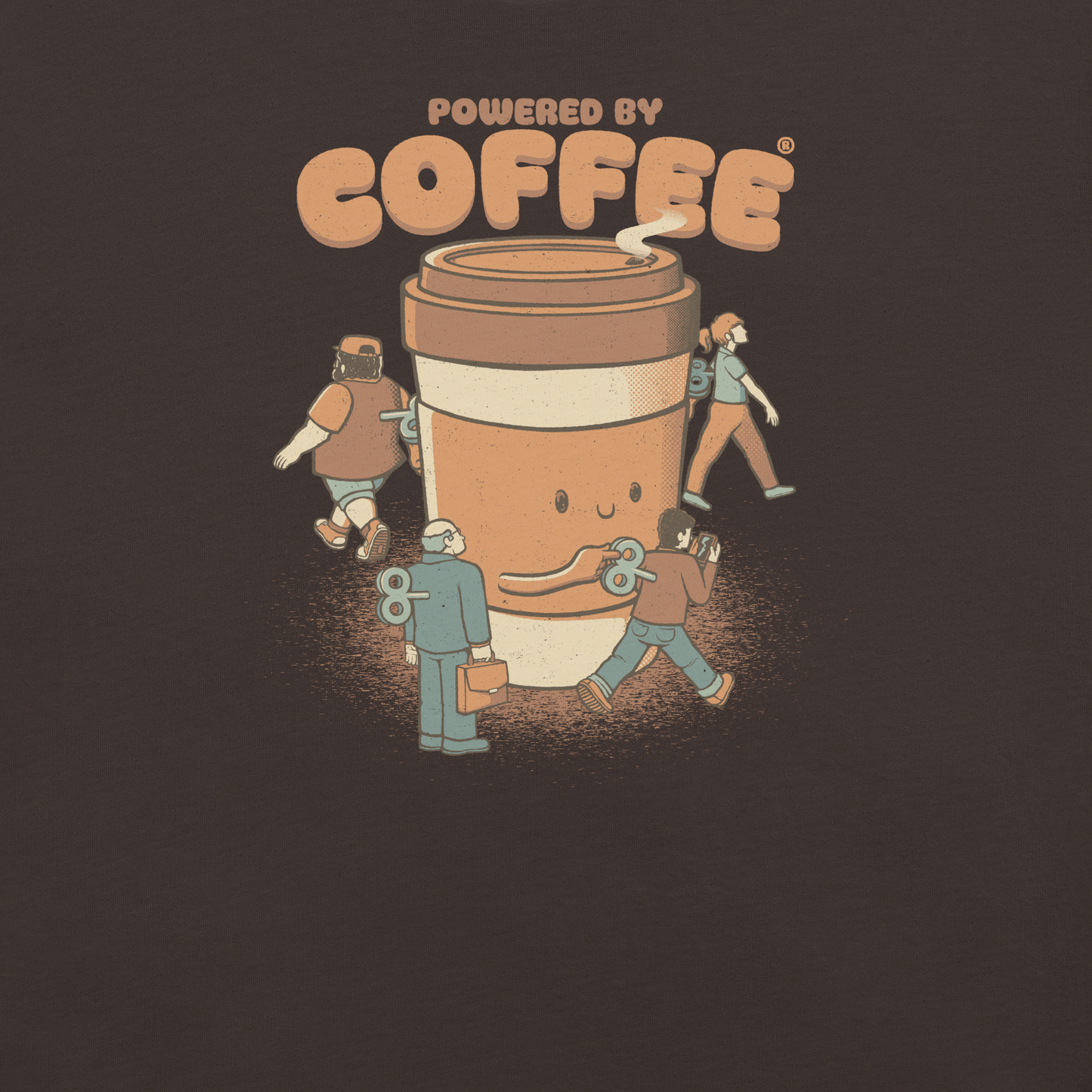 A playful illustration of a giant coffee cup winding up tiny wind-up dolls, a fun nod to caffeine as the fuel that keeps life moving. Featuring the phrase “Powered By Coffee”, it’s the perfect gift for coffee lovers who can’t function without their daily cup.