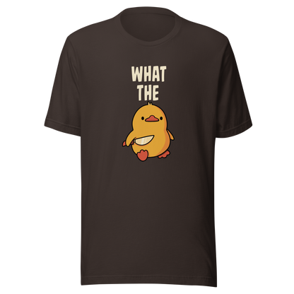 A cute yellow duck holding a small knife, with “What The” above it, completed by the duck below to read “What The Duck”. A playful mix of sweet and chaotic humor.