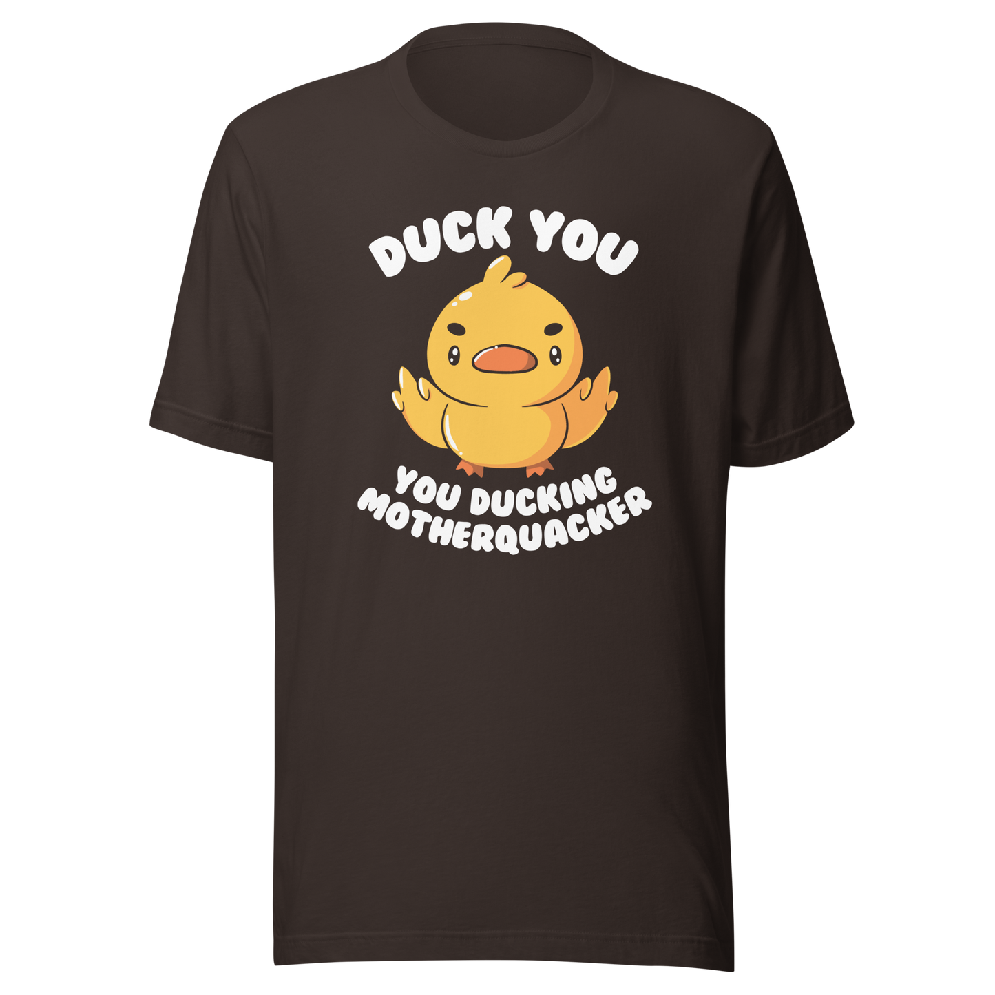 A cute yellow duckling with a mean face showing his middle fingers, next to it the phrase "Duck You, you ducking motherquacker". An art with humor for those who love ducks.