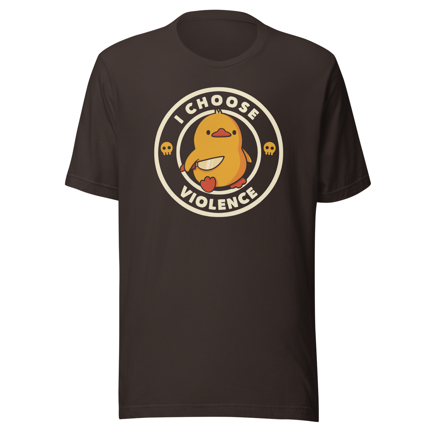 A cute yellow duck holding a small knife, around it the text "I choose violence". An art that mixes humor with the temperament of ducks.