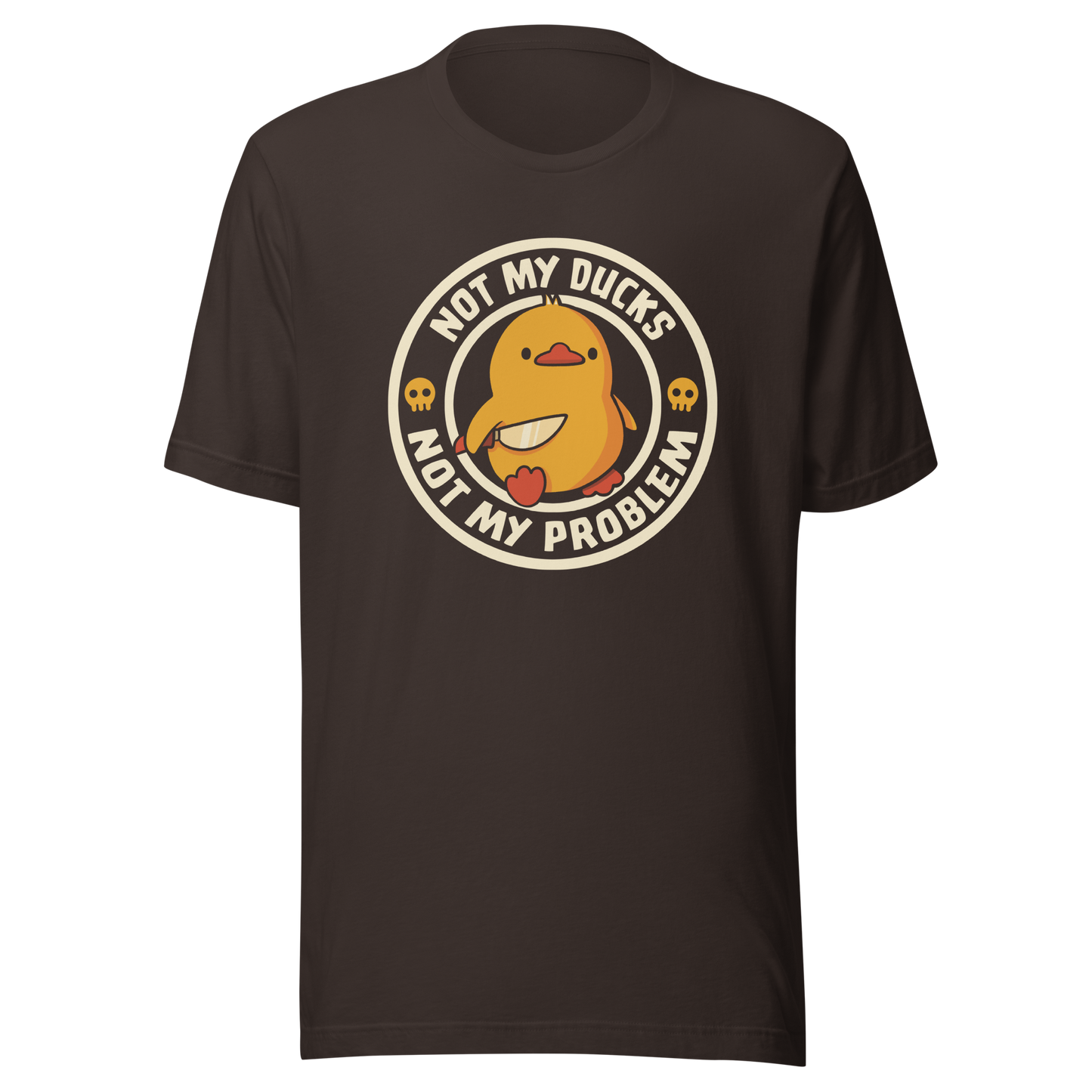 A cute yellow duck holding a tiny knife with an unexpectedly fierce attitude. Around it, the phrase "Not My Ducks Not My Problem" adds a sarcastic twist to the sweet but chaotic vibe. A playful design that blends humor, duck drama, and a touch of unapologetic mischief, perfect for fans of witty, slightly unhinged art.