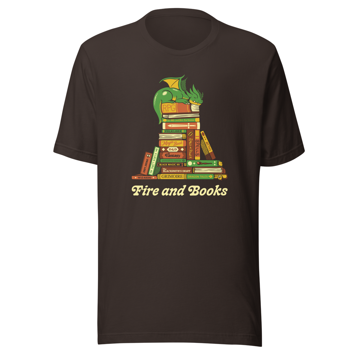 A dragon sleeps peacefully atop a stack of magic, RPG and mythology books with the phrase “Fire and Books” below. Blending fantasy and a love of reading, this design is perfect for RPG fans, fantasy readers and anyone who keeps their inner fire alive through stories.
