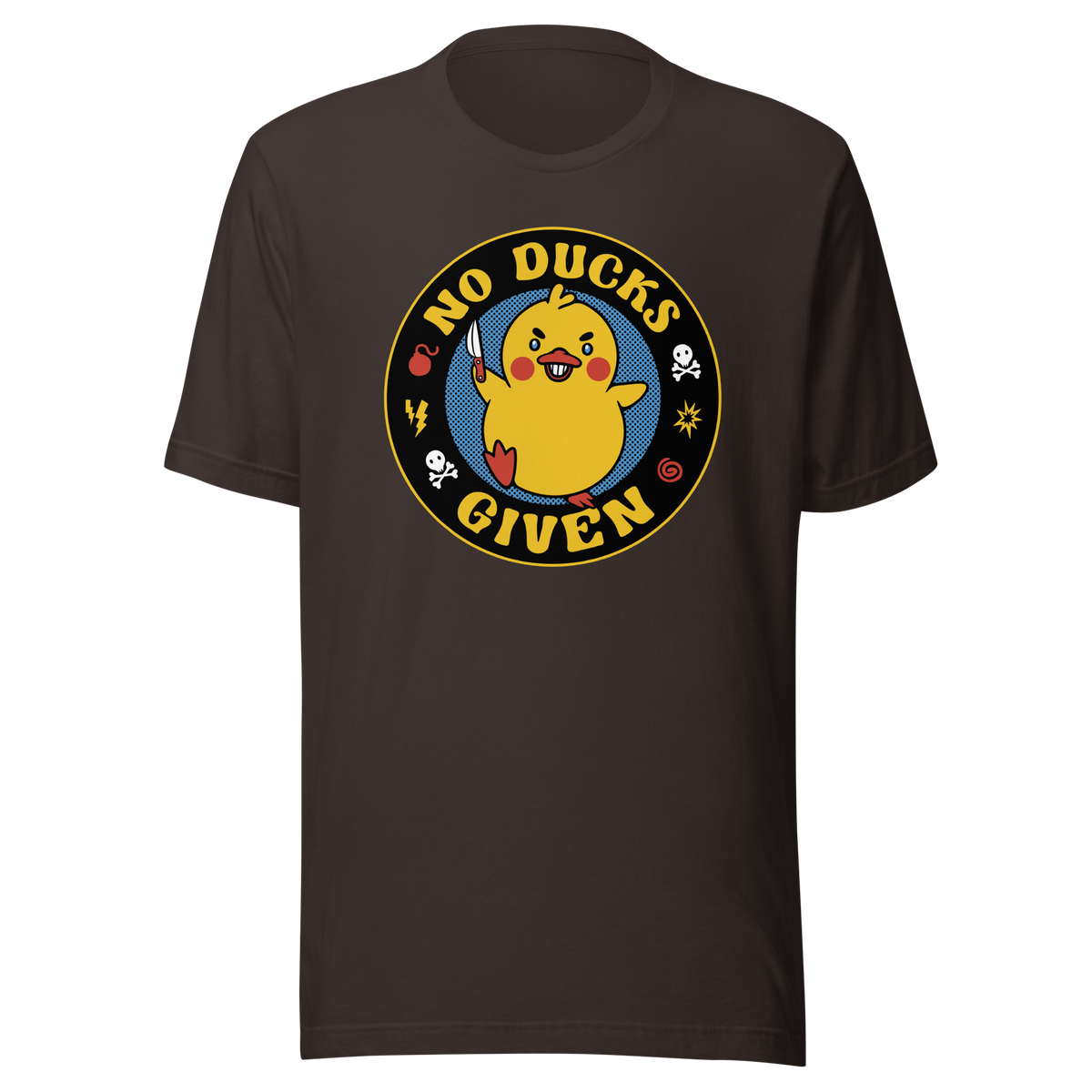 A cute yellow duck holding a small knife, around it the text "No Ducks Given". An art that mixes humor with the temperament of ducks.