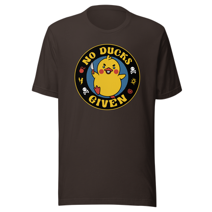 A cute yellow duck holding a small knife, around it the text "No Ducks Given". An art that mixes humor with the temperament of ducks.