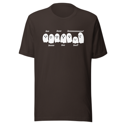 Six adorable little ghosts lined up with playful 'boos' floating beside them, as if they’re giving tiny scares. A cute and light-hearted design that captures the fun side of Halloween, perfect for anyone who loves spooky things with a sweet twist.