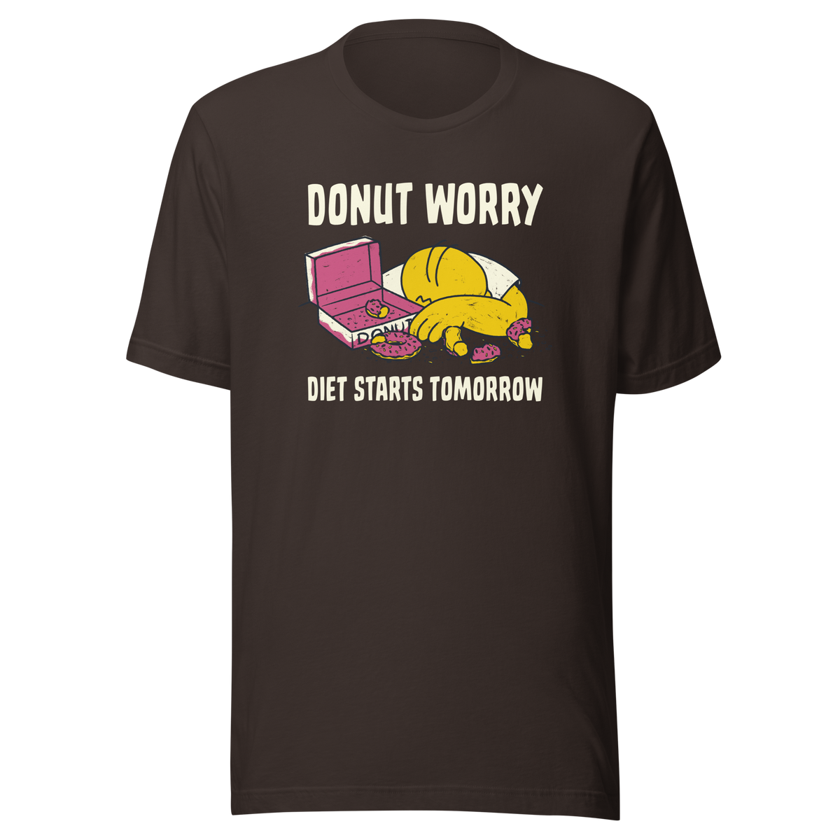A playful design featuring a sleepy yellow cartoon character next to an open box of donuts, surrounded by crumbs and icing, with the phrase “Donut Worry Diet Starts Tomorrow”. Sweet, relatable and full of humor, it’s the perfect gift for donut lovers and anyone who believes diets can always start tomorrow.