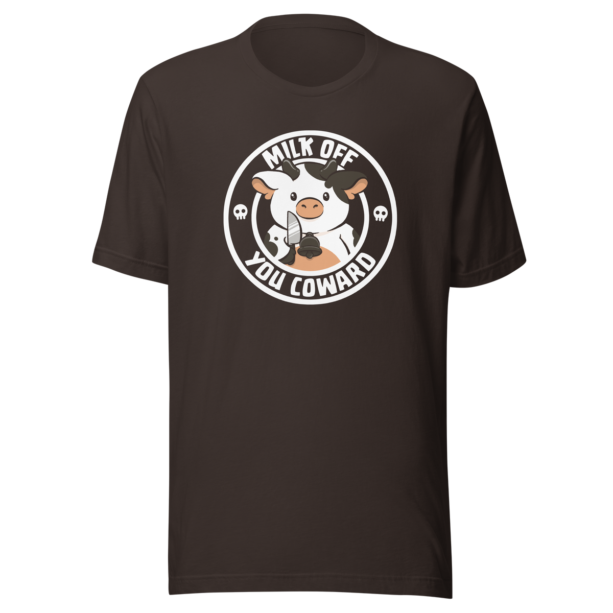 A quirky stamp-style design featuring a cute spotted cow holding a knife alongside the phrase "Milk Off You Coward". Blending dark humour with a cheeky attitude, this playful design is perfect for cow lovers, fans of sarcastic humour, and anyone who enjoys bold, irreverent artwork.