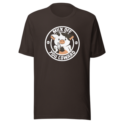 A quirky stamp-style design featuring a cute spotted cow holding a knife alongside the phrase "Milk Off You Coward". Blending dark humour with a cheeky attitude, this playful design is perfect for cow lovers, fans of sarcastic humour, and anyone who enjoys bold, irreverent artwork.