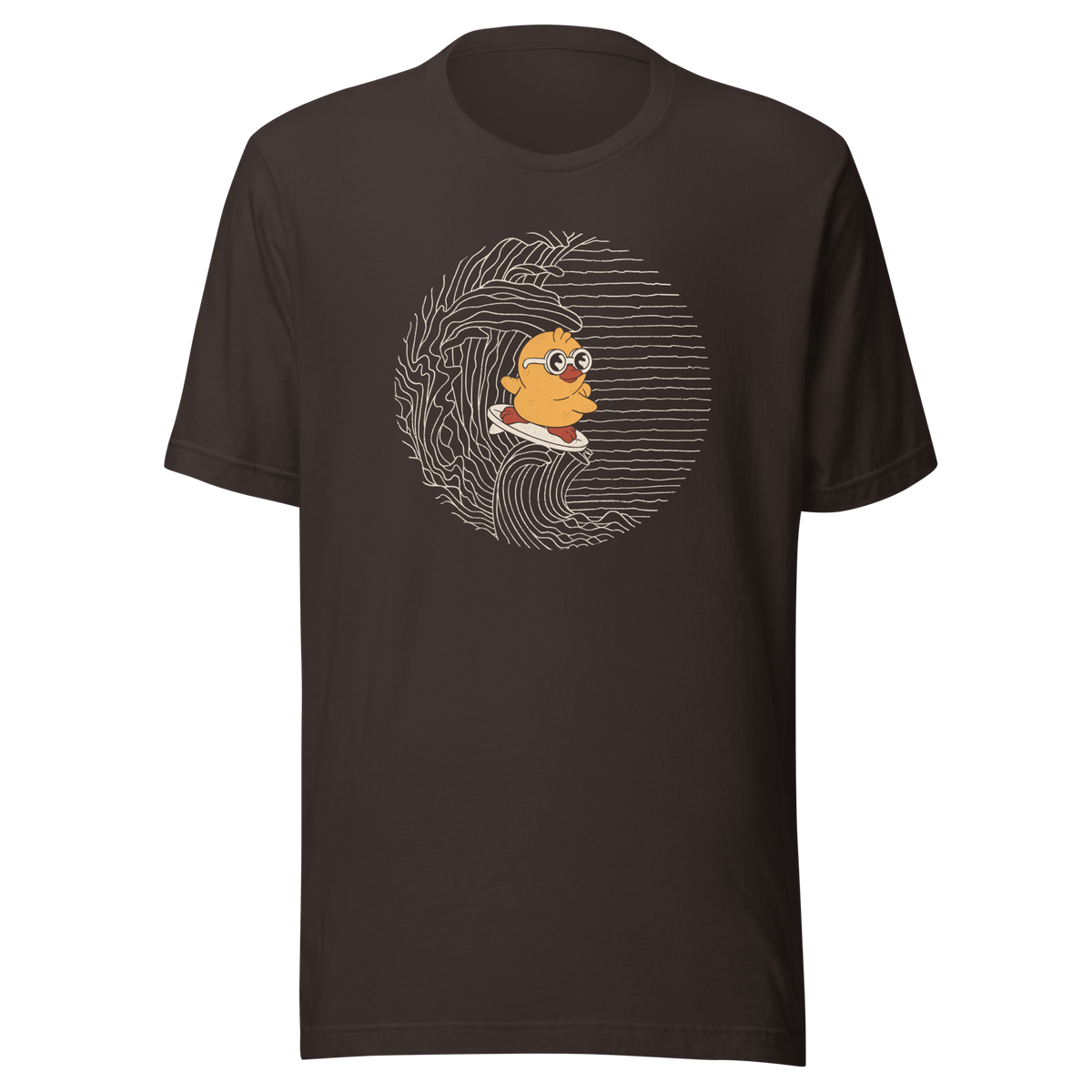 A bespectacled duck surfing a wave that references the iconic “Great Wave off Kanagawa”. With a pop culture twist and a minimalist look, this design carries the energy of adventure at sea. Ideal for duck lovers, fans of reinterpreted classic art, and especially those who enjoy creative prints with a touch of humor.