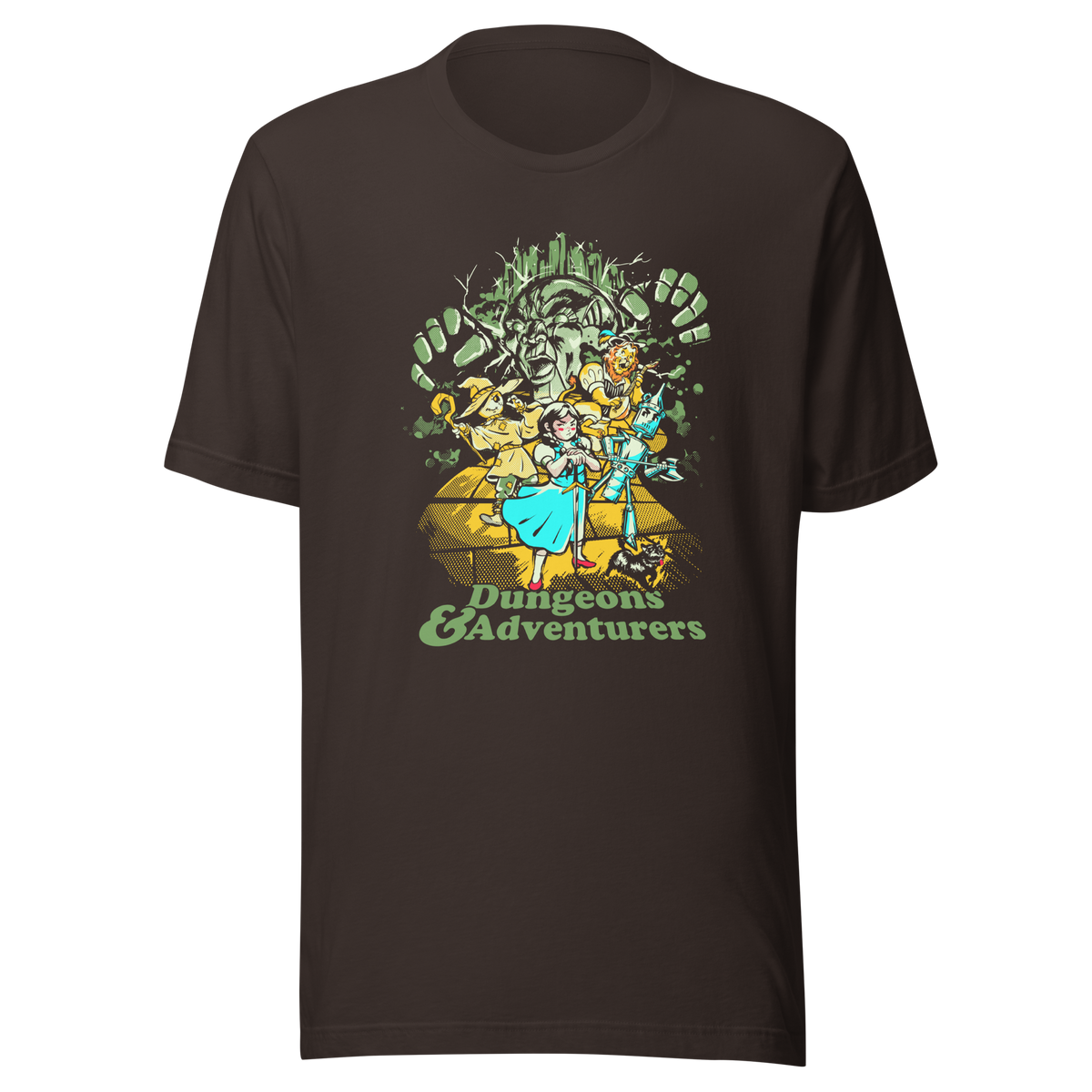 Fantasy-inspired adventure design featuring classic storybook characters on a dungeon quest. Retro comic style artwork with dark fantasy elements and vintage textures.