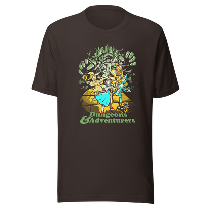 Fantasy-inspired adventure design featuring classic storybook characters on a dungeon quest. Retro comic style artwork with dark fantasy elements and vintage textures.