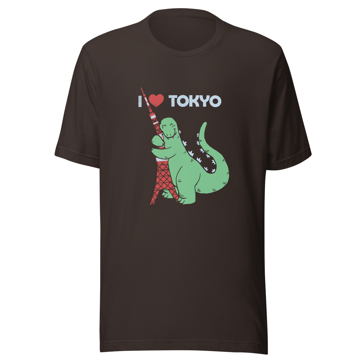 Funny cartoon monster hugging the Tokyo Tower under an “I Love Tokyo” sign. Retro-style parody artwork with vintage textures and playful giant-creature humor.